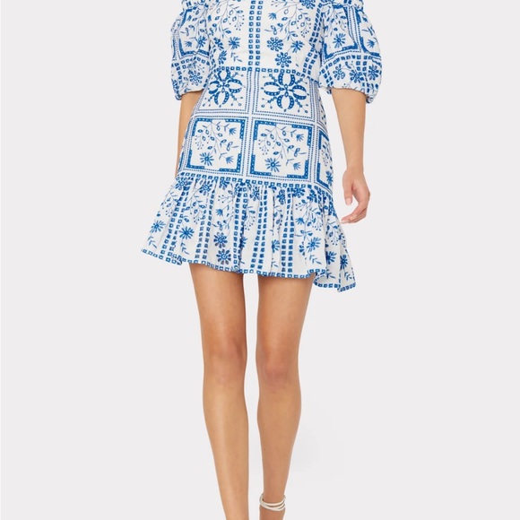 Blue & white tile grand millennial print off shoulder ruffle flounce mini dress - Picture 8 of 9